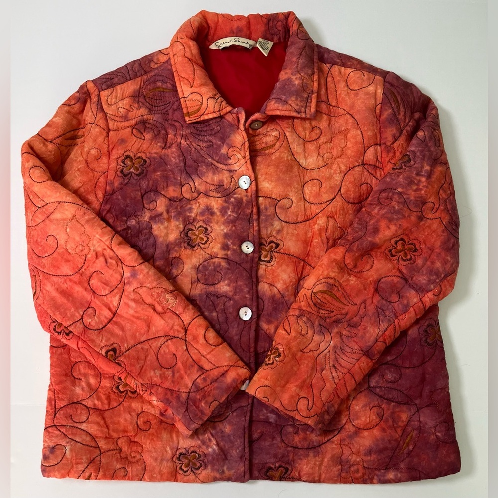 Vintage French Laundry Quilted Chore Jacket Sunset Tie Dye Boho Orange Purple L